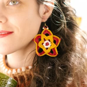 Red & Gold Flower Earrings (Gold-Plated Brass Ear Wires)
